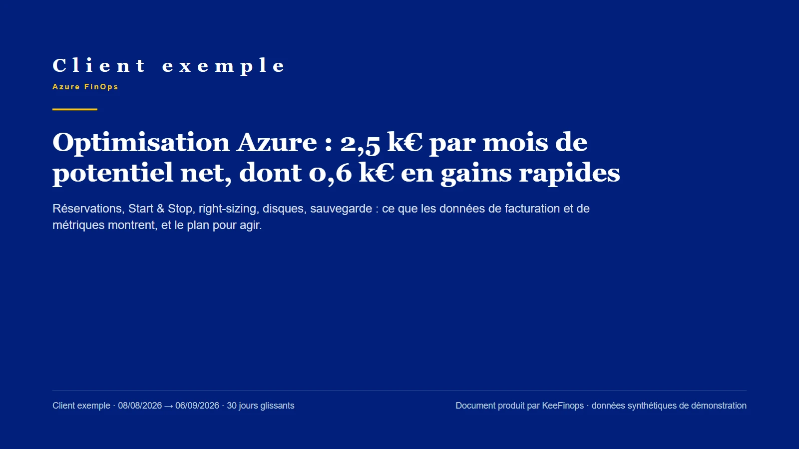 Page de titre de la synthèse PDF de l'exemple : « Client exemple », optimisation Azure, potentiel net par mois et gains rapides, données synthétiques de démonstration.